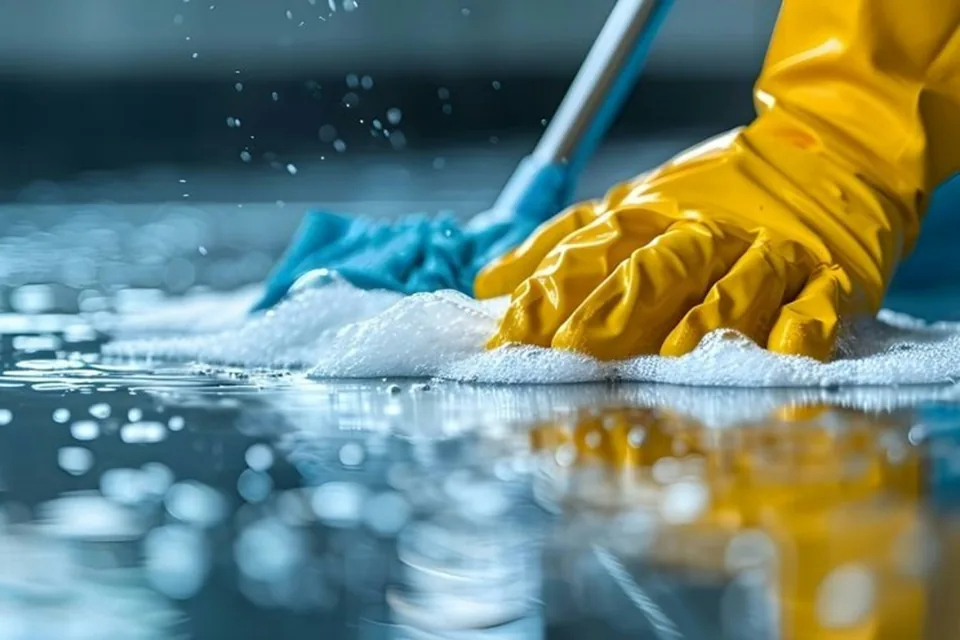 A gloved hand scrubbing a wet, soapy floor with a cloth, water droplets in the air