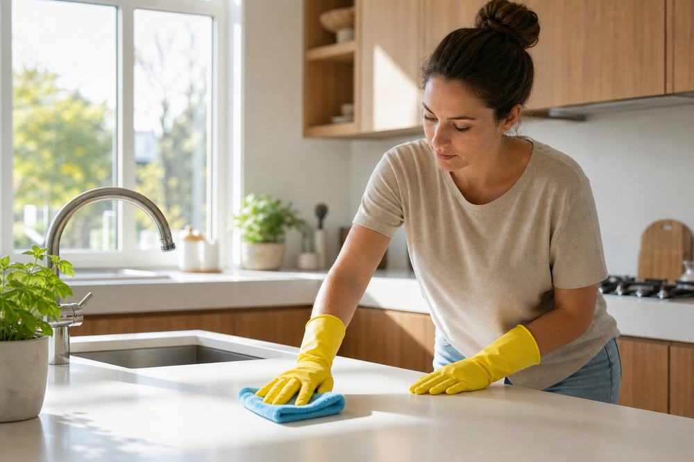 Heron Cleaning cleaner wiping down a kitchen counter in a bright home