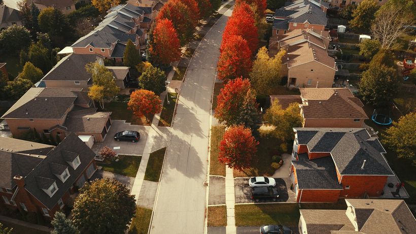 Aerial view of a tree-lined Oakville street in autumn