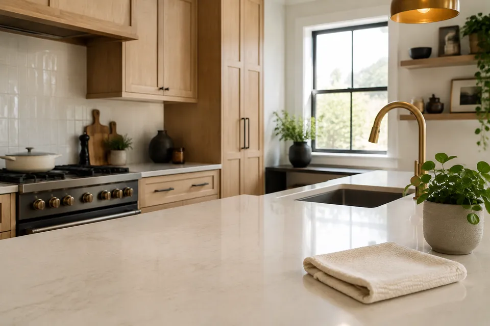 Kitchen inspiration with oak cabinets, clear counters and a folded cleaning cloth