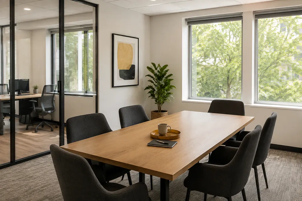 Illustrated office with a clear meeting table, charcoal chairs and glass partitions